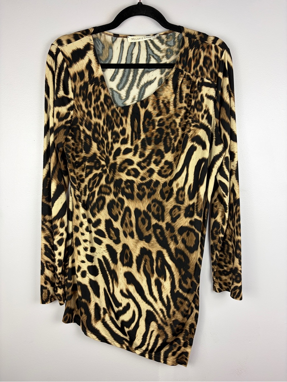 Melanie Lyne Size 12 Leopard Zebra Animal Print Asymmetrical Tunic Top - Picture 2 of 14